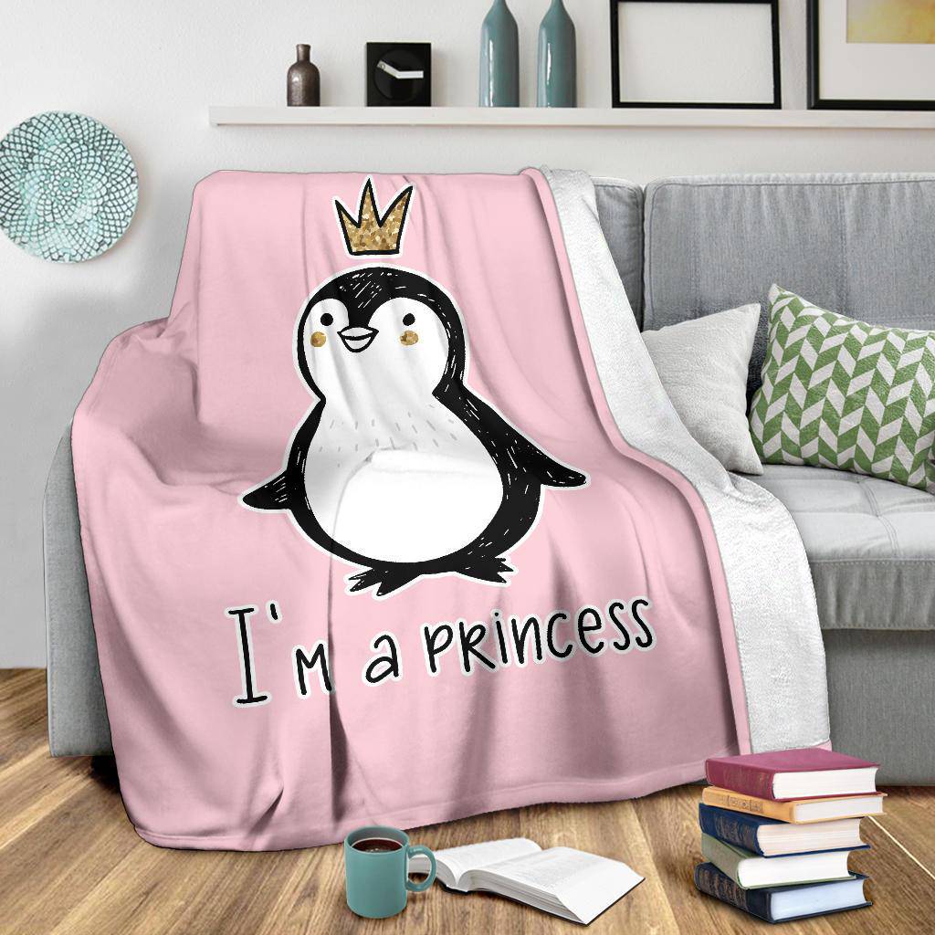 I' A Princess, Golden Glitter Penguin Premium With Crown Cartoon Premium Blanket - Top Content | POD Collection | Free Shipping