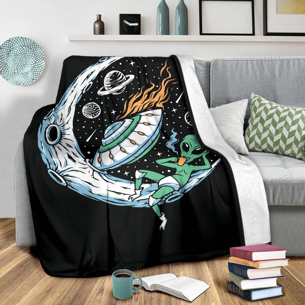 Alien Drinking Coffee On The Moon Premium Blanket, Cool Space Cartoon Drawing - Top Content | POD Collection | Free Shipping