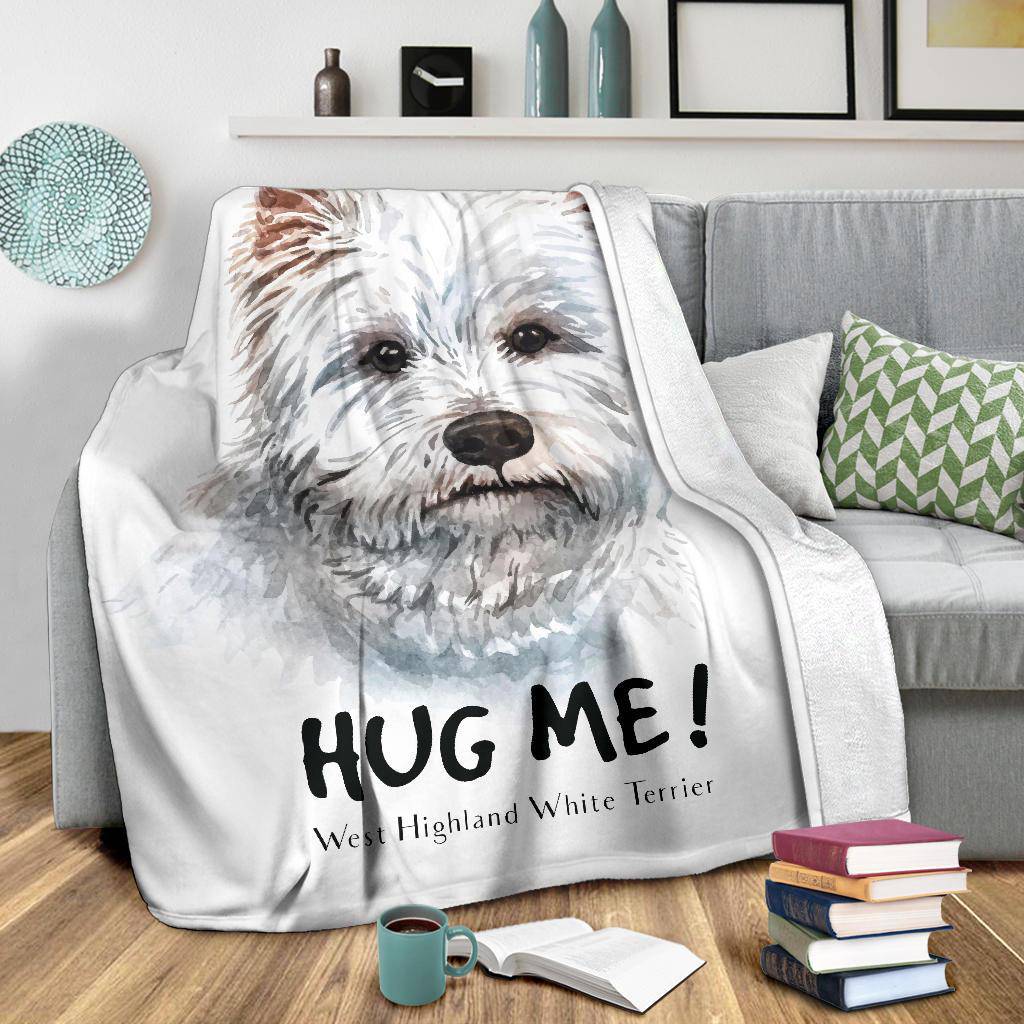 White Terrier Watercolor Portrait Premium Blanket, Hug Me Dog Drawing - Top Content | POD Collection | Free Shipping