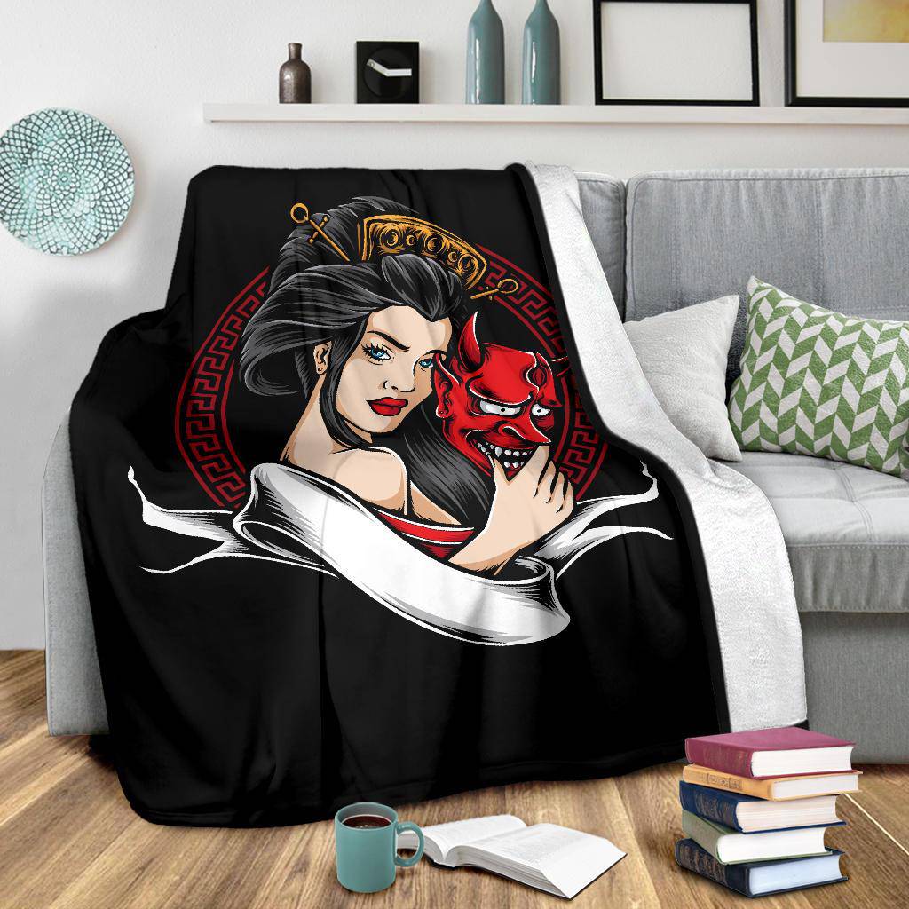 Geisha Holding Oni Mask Premium Blanket, Cool Japanese Art - Top Content | POD Collection | Free Shipping