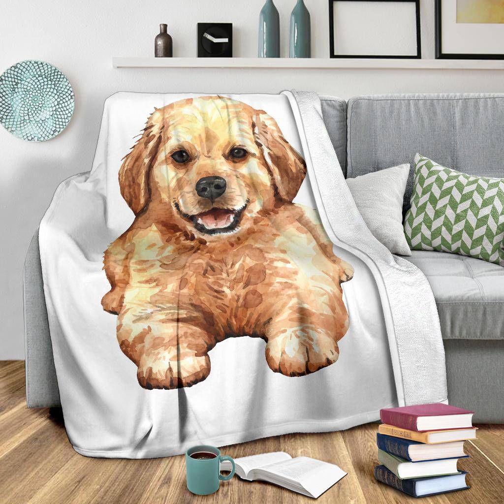 Golden Retriever Puppy Premium Blanket, Hand Drawn Watercolour Dog - Top Content | POD Collection | Free Shipping