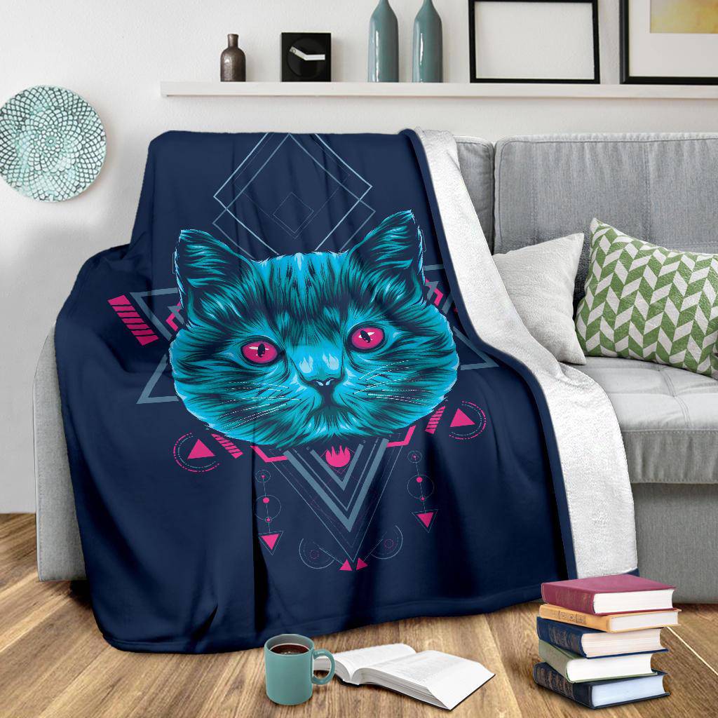 Cat Sacred Geometry Premium Blanket, Cool Cartoon Illustration - Top Content | POD Collection | Free Shipping