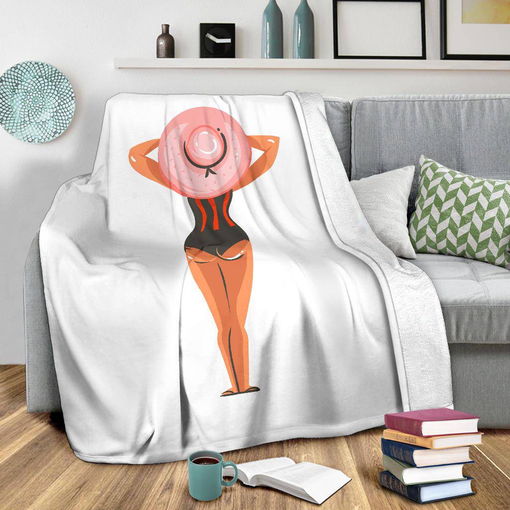 Hand Drawn Cartoon Summer Beach Girl with Hat Premium Blanket - Top Content | POD Collection | Free Shipping