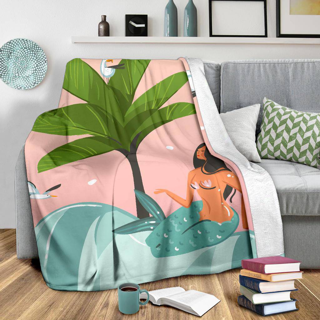 Summer Vibes Cartoon, Girl Mermaid on the Beach, Hand Drawn Premium Blanket - Top Content | POD Collection | Free Shipping