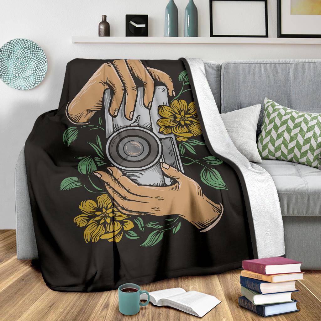 Holding Vintage Camera Cartoon Flower Illustration Premium Blanket - Top Content | POD Collection | Free Shipping