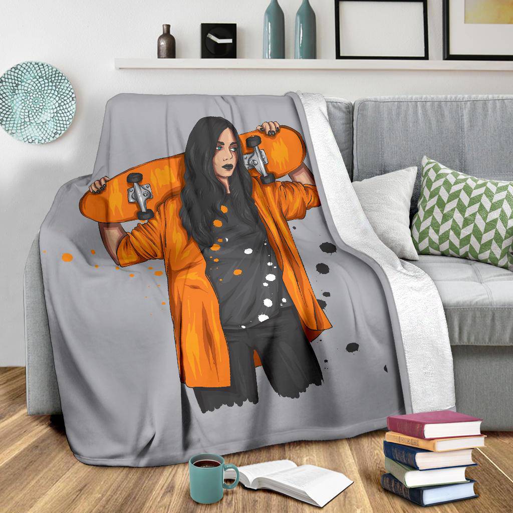 Pretty Skateboarding Girl Premium Blanket, Cartoon Style Drawing - Top Content | POD Collection | Free Shipping