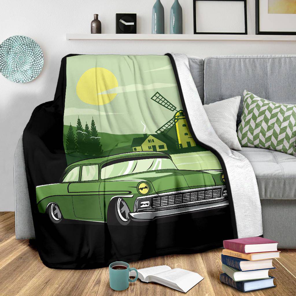 Green Car Windmill Cartoon Premium Blanket - Top Content | POD Collection | Free Shipping