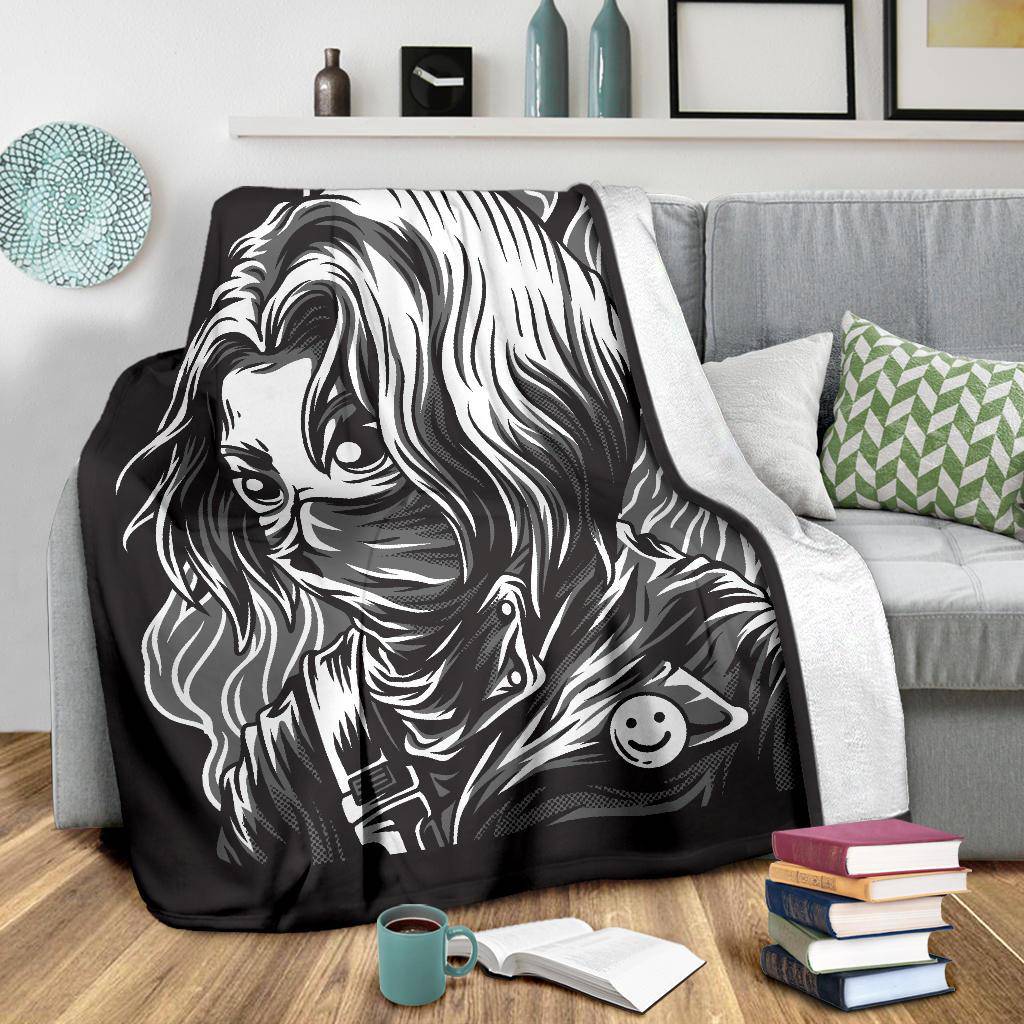 Premium Blanket Masked Smiley Warrior Girl Cartoon - Top Content | POD Collection | Free Shipping