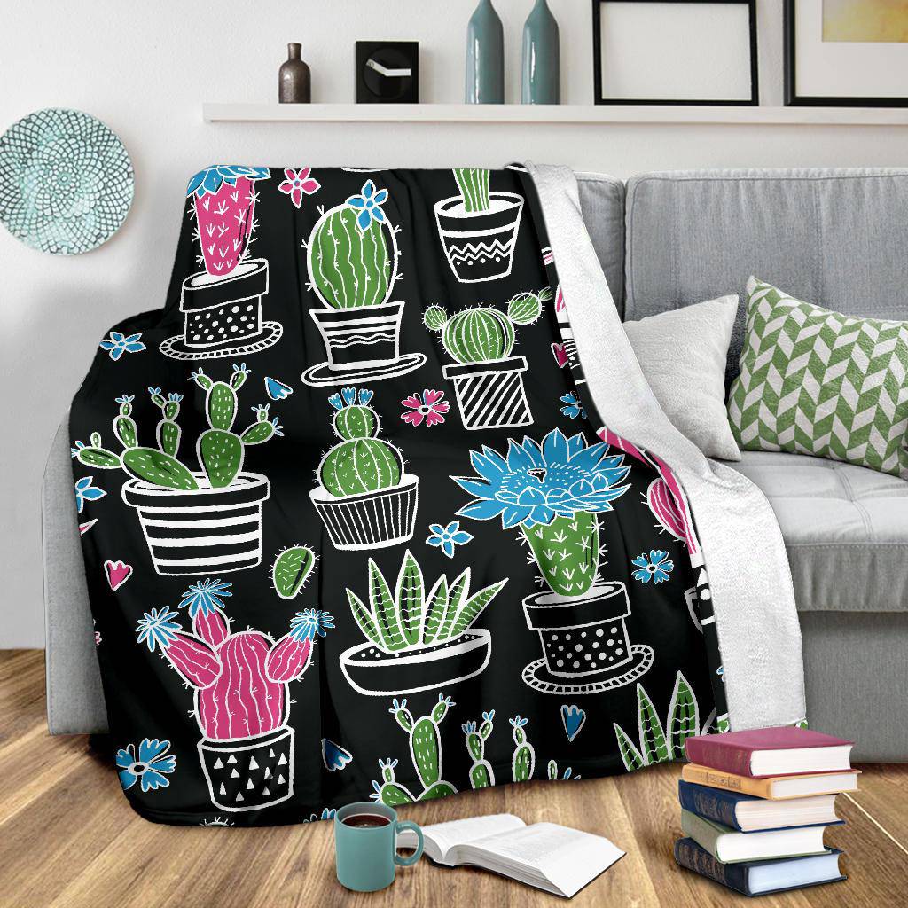 Colorful Plant Cactus and Cucculent Hand Drawn Pattern Premium Blanket - Top Content | POD Collection | Free Shipping