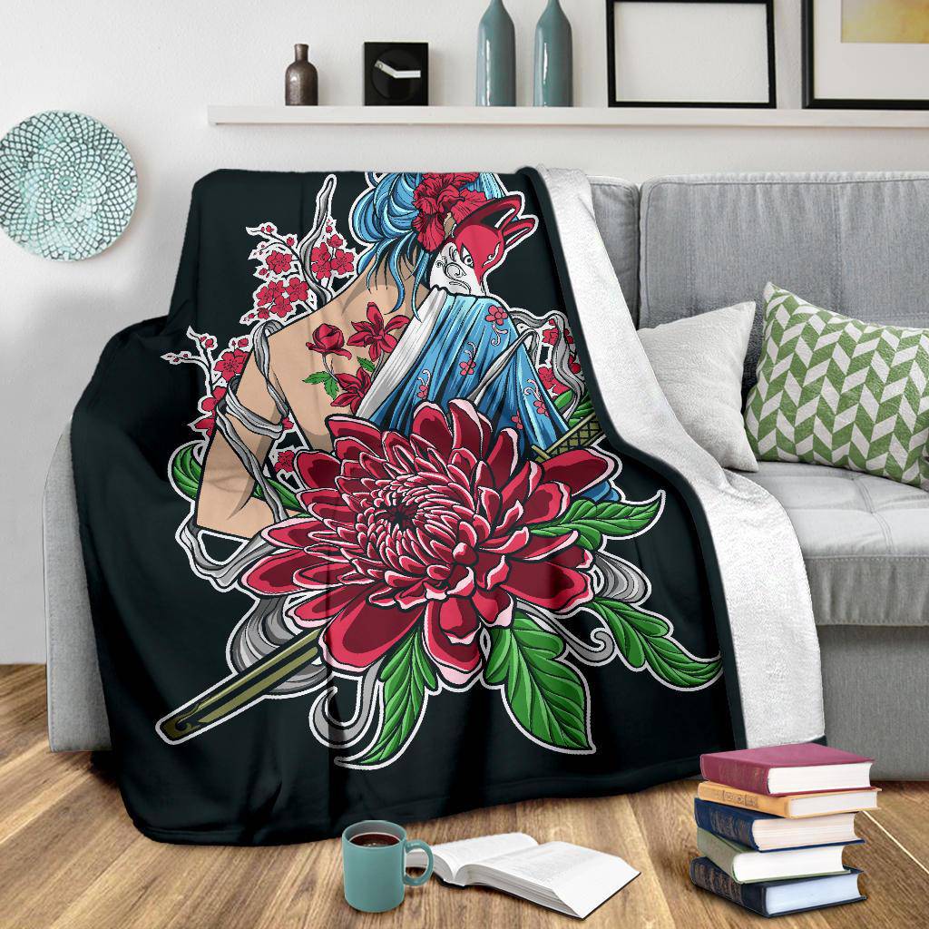 Japanese Samurai Girl With Flower Ornament Drawing Premium Blanket - Top Content | POD Collection | Free Shipping