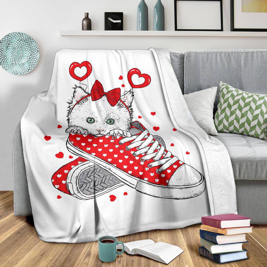 Cute Valentine Kitten In A Sneaker, Cartoon Drawing Premium Blanket - Top Content | POD Collection | Free Shipping