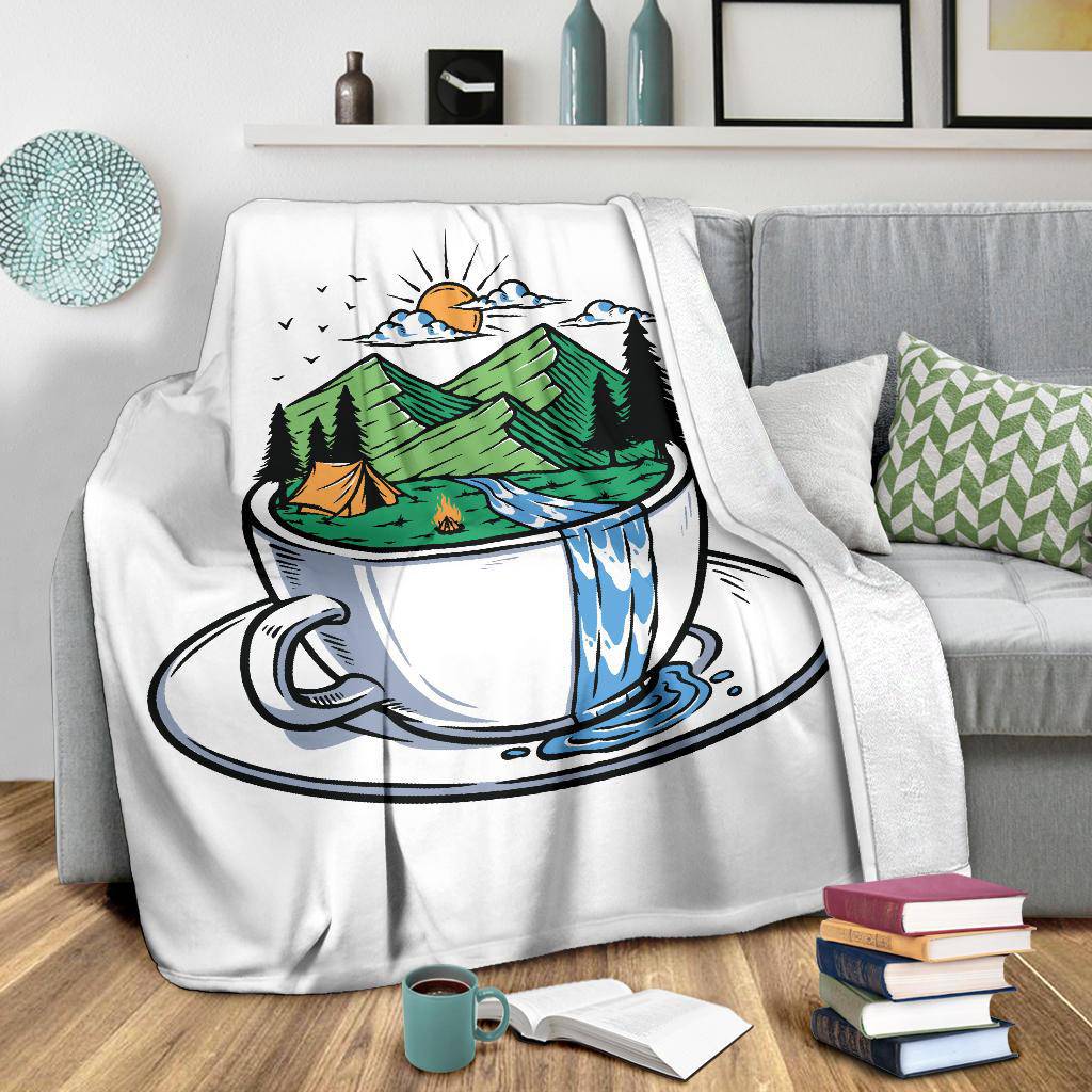 Mountain View In A Cup Premium Blanket, Cool Cartoon Drawing - Top Content | POD Collection | Free Shipping