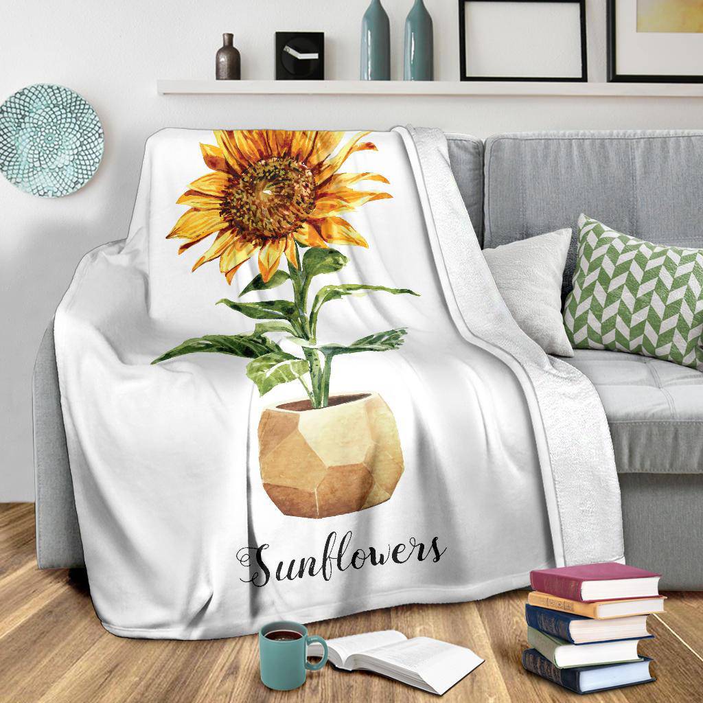 Sunflower Flower Pot Premium Blanket, Watercolour Drawing Illustration - Top Content | POD Collection | Free Shipping