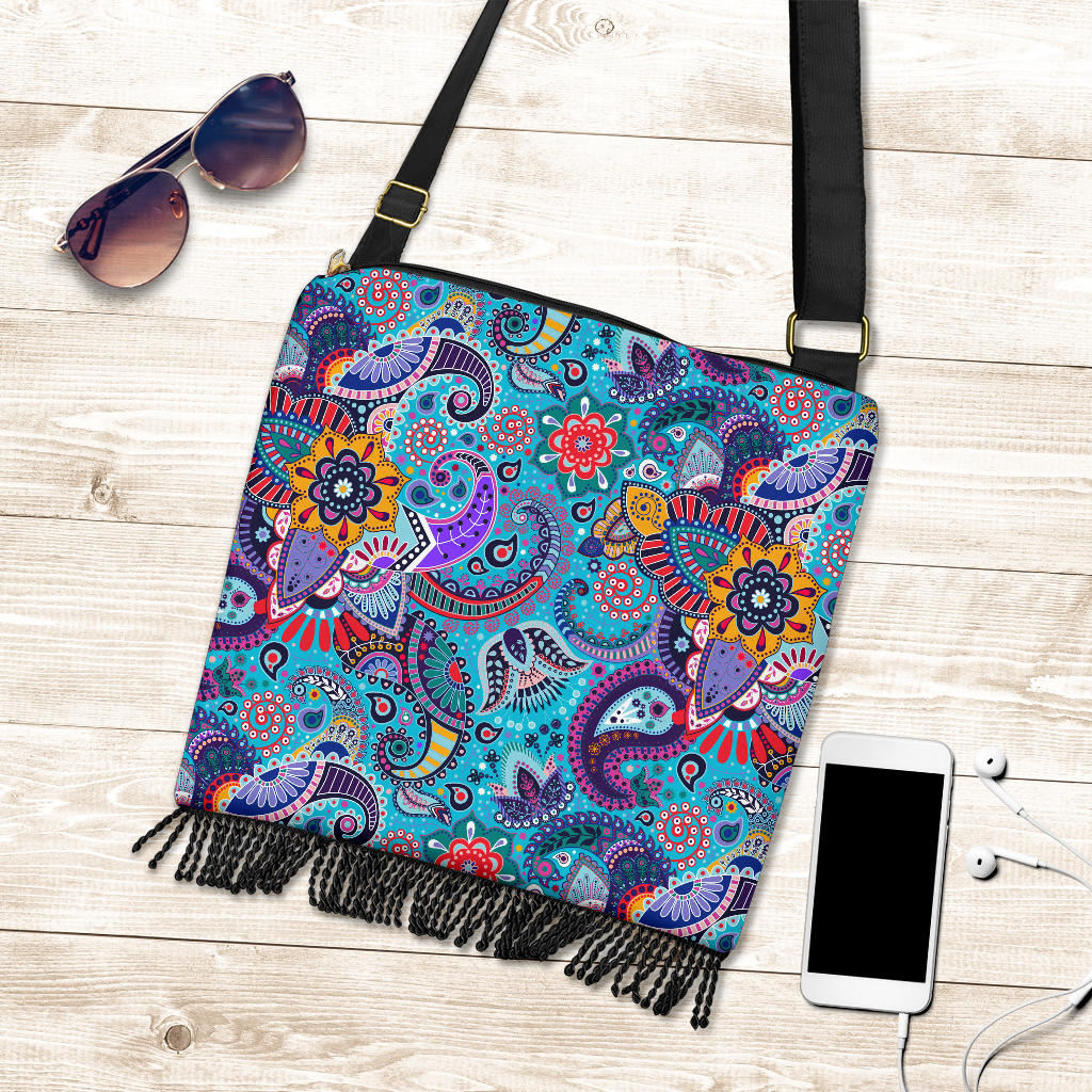 Blue Wild Flower Paisley Crossbody Handbag