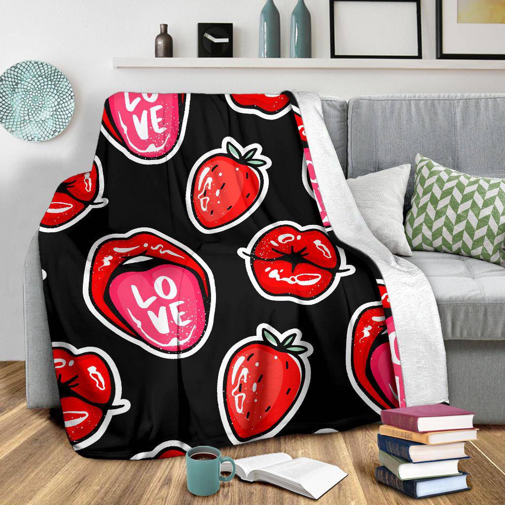 Red Lips Strawberry Kiss Love Seamless Pattern Premium Blanket - Top Content | POD Collection | Free Shipping