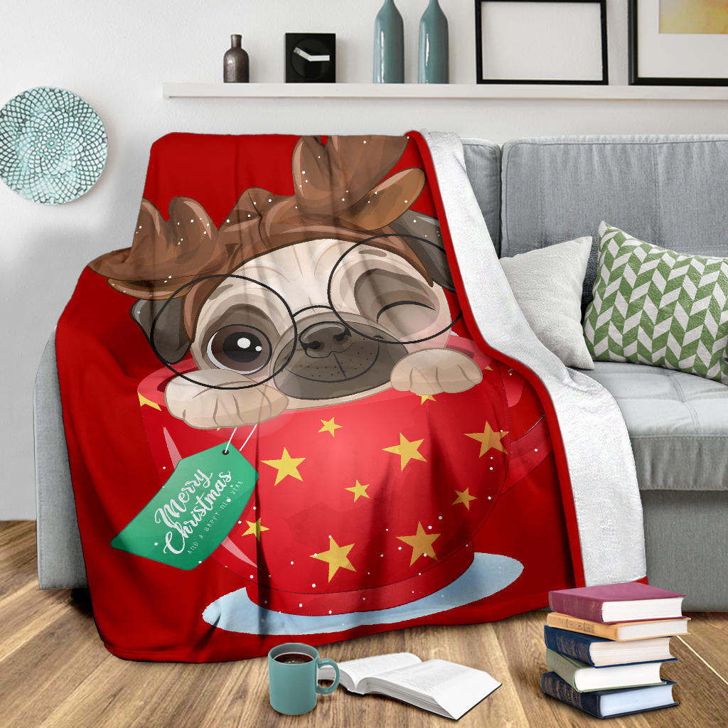 cute doodle pug christmas day with red watercolor blanket - Top Content | POD Collection | Free Shipping