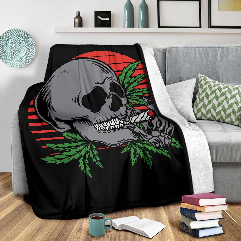 Skull Premium Blanket, Red Moon Weed Smoking Cartoon Illustration - Top Content | POD Collection | Free Shipping