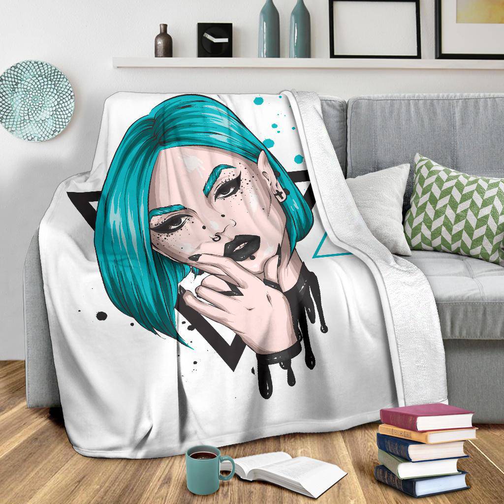 Blue Girl Portrait Premium Blanket, Cool Punk Cartoon Drawing - Top Content | POD Collection | Free Shipping