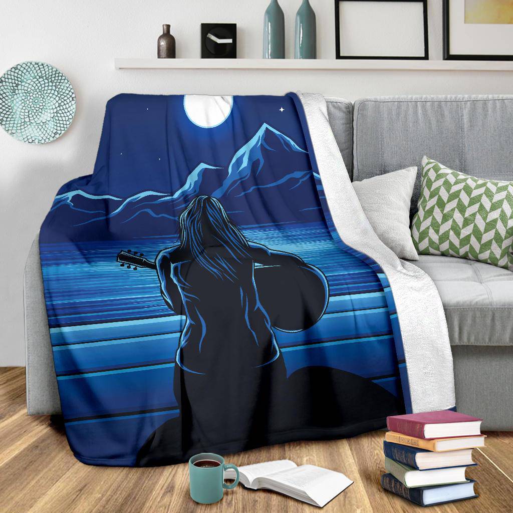 Guitarist Woman in the Moonlight, Mountain view, Sea Premium Blanket - Top Content | POD Collection | Free Shipping