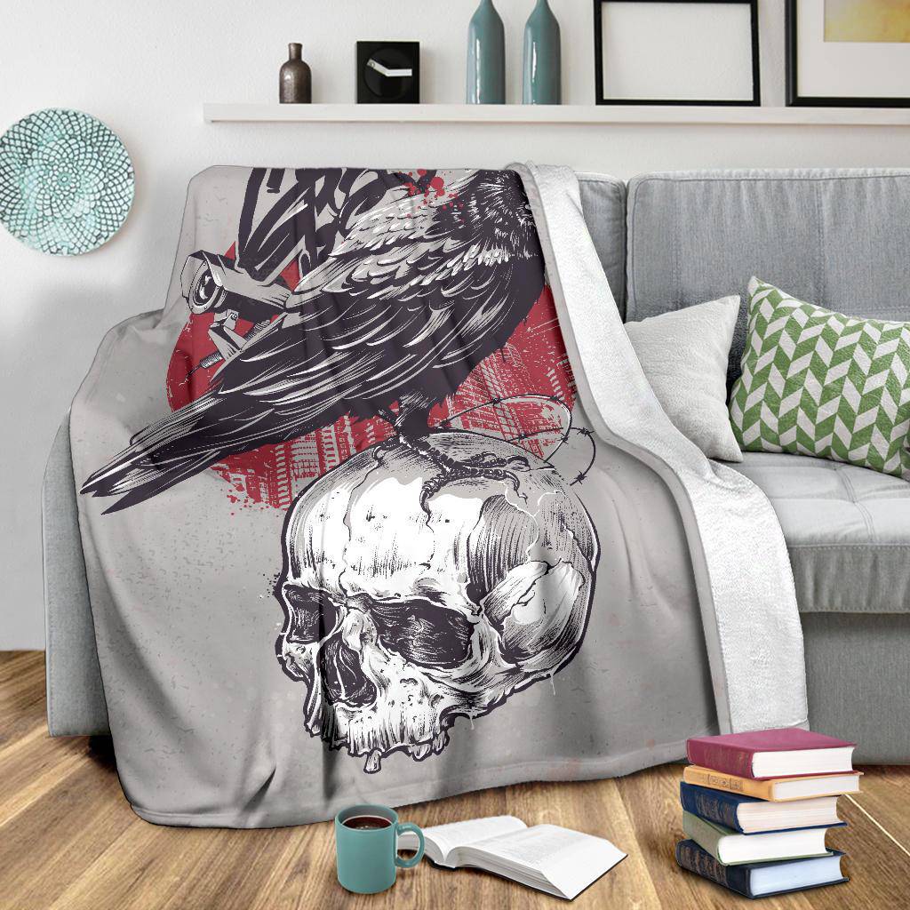 Premium Blanket Skull Raven Background Cool Drawing - Top Content | POD Collection | Free Shipping