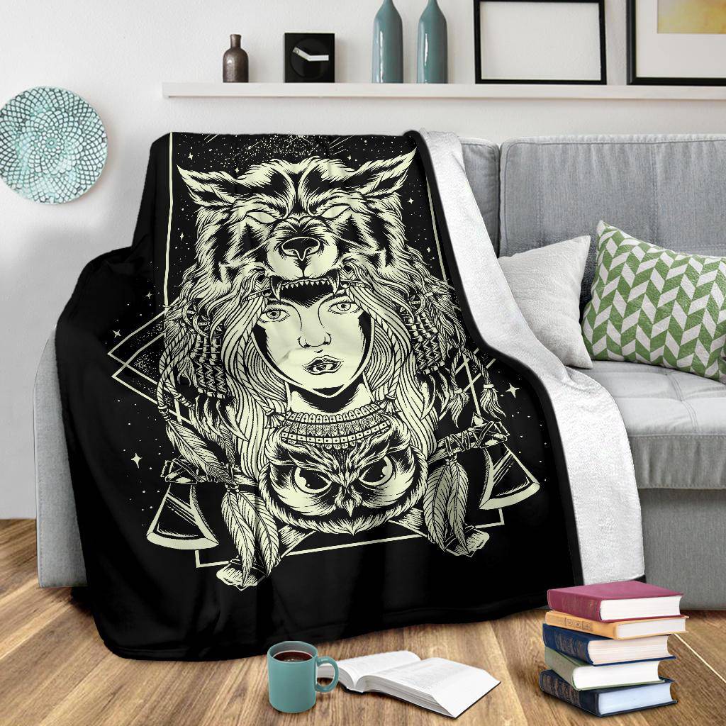 Hand Drawing Chief Women Wolf Head Illustration Premium Blanket - Top Content | POD Collection | Free Shipping