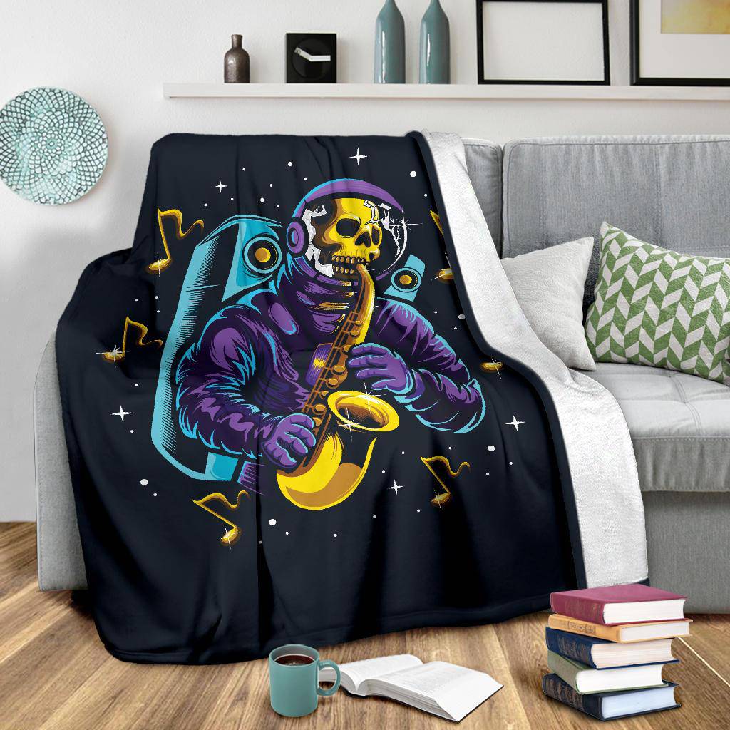 Premium Blanket Skull Astronaut Playing Saxophone Space Music Illustration - Top Content | POD Collection | Free Shipping