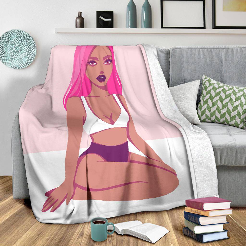 Beautiful Red Girl Cartoon Premium Blanket, Summer Illustration Drawing - Top Content | POD Collection | Free Shipping