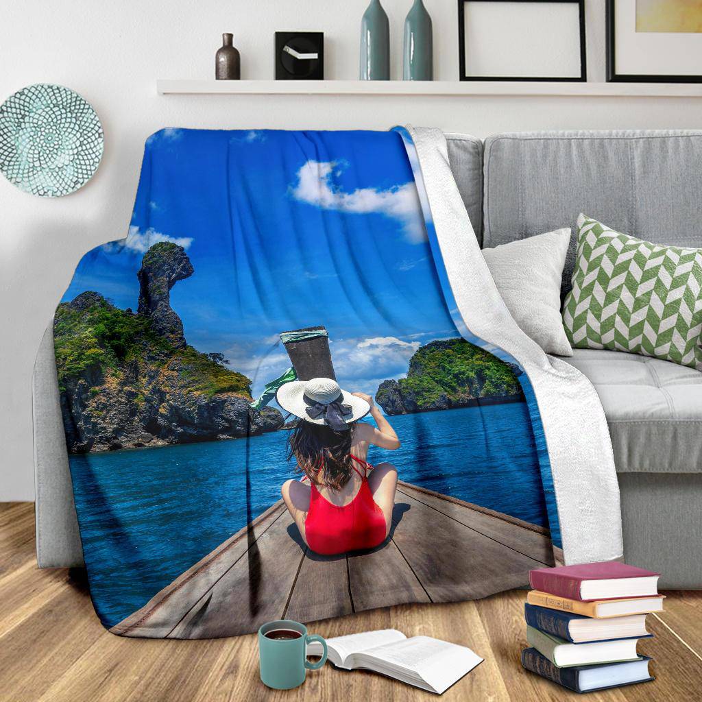 Thailand Island Girl Boat View Premium Blanket - Top Content | POD Collection | Free Shipping