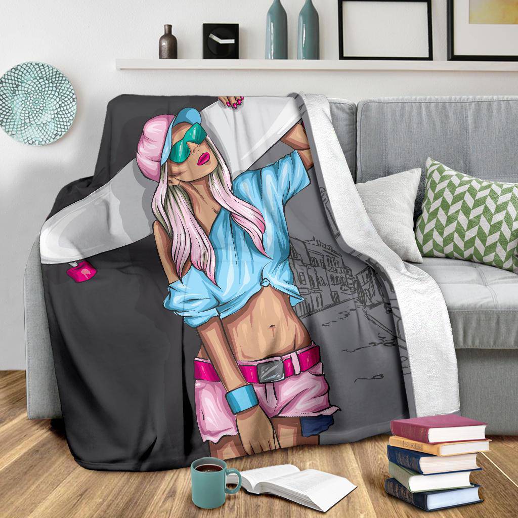 Premium Blanket Beautiful SkateBoard Girl Cartoon - Top Content | POD Collection | Free Shipping