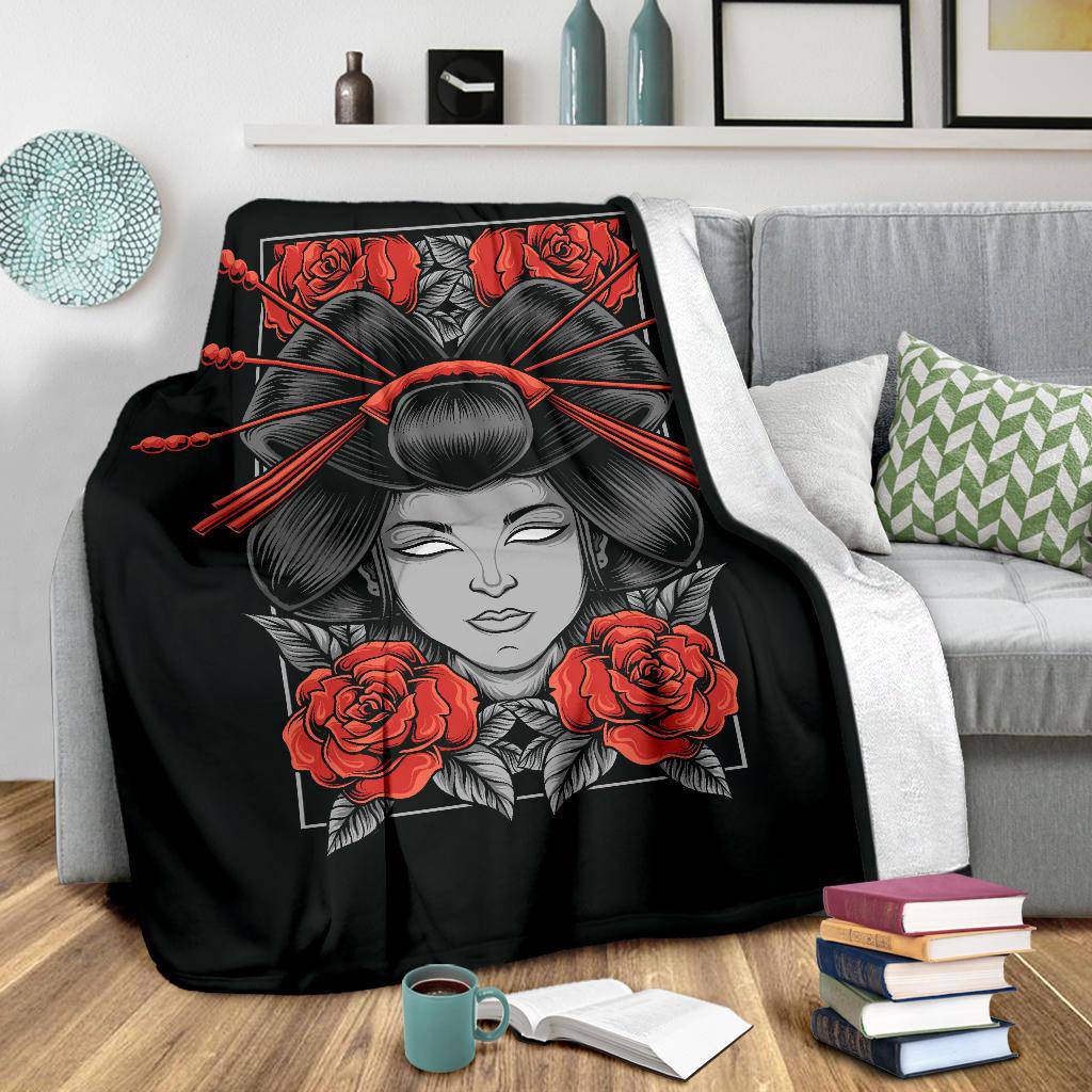 Geisha With Rose Flowers Cartoon Premium Blanket - Top Content | POD Collection | Free Shipping