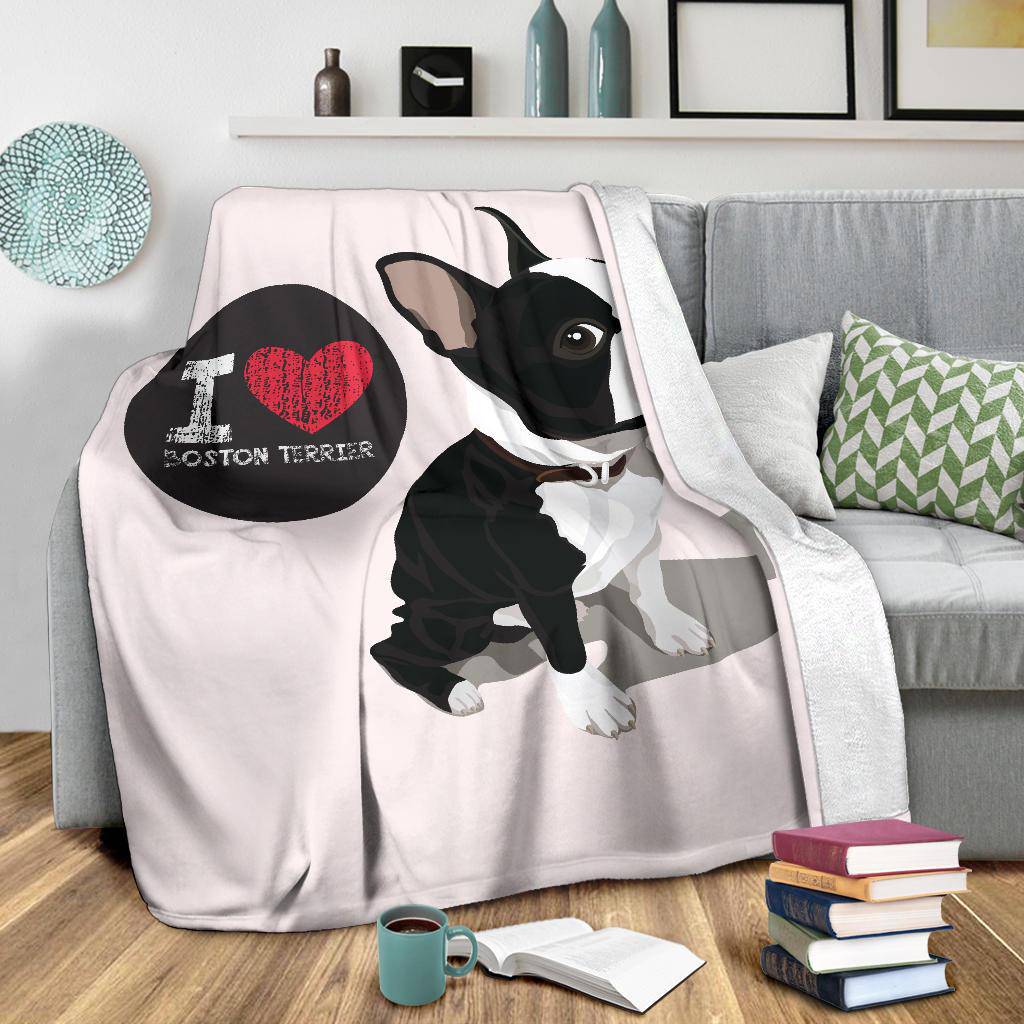 I Love Boston Terrier, Dog Cartoon Illustration Premium Blanket - Top Content | POD Collection | Free Shipping