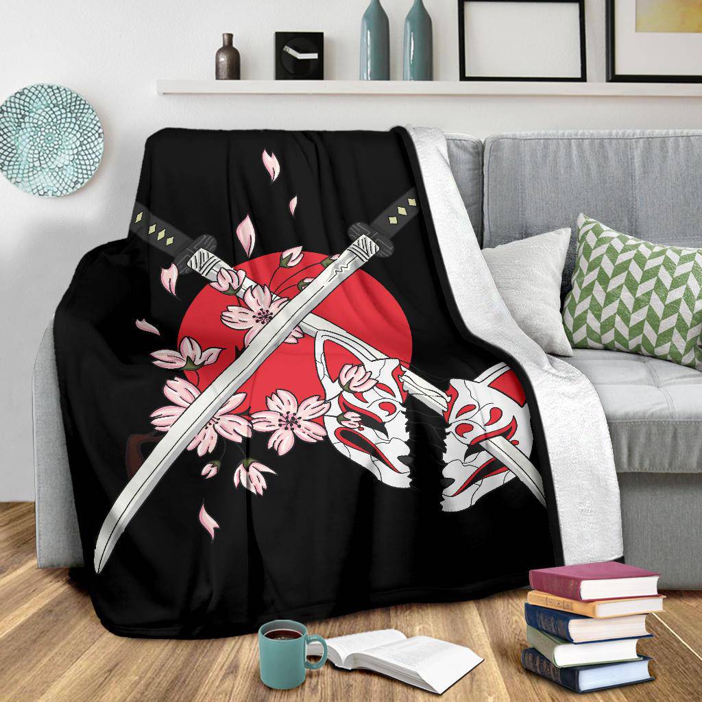 Swords Japanese Mask Kitsune Premium Blanket - Top Content | POD Collection | Free Shipping