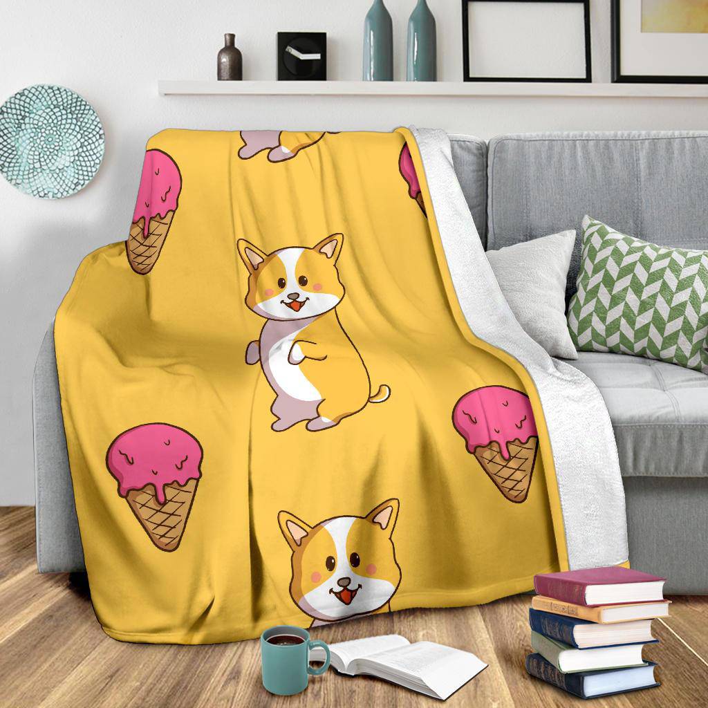 Cute Corgi With Ice Cream, Yellow Doodle Style Cartoon Premium Blanket - Top Content | POD Collection | Free Shipping