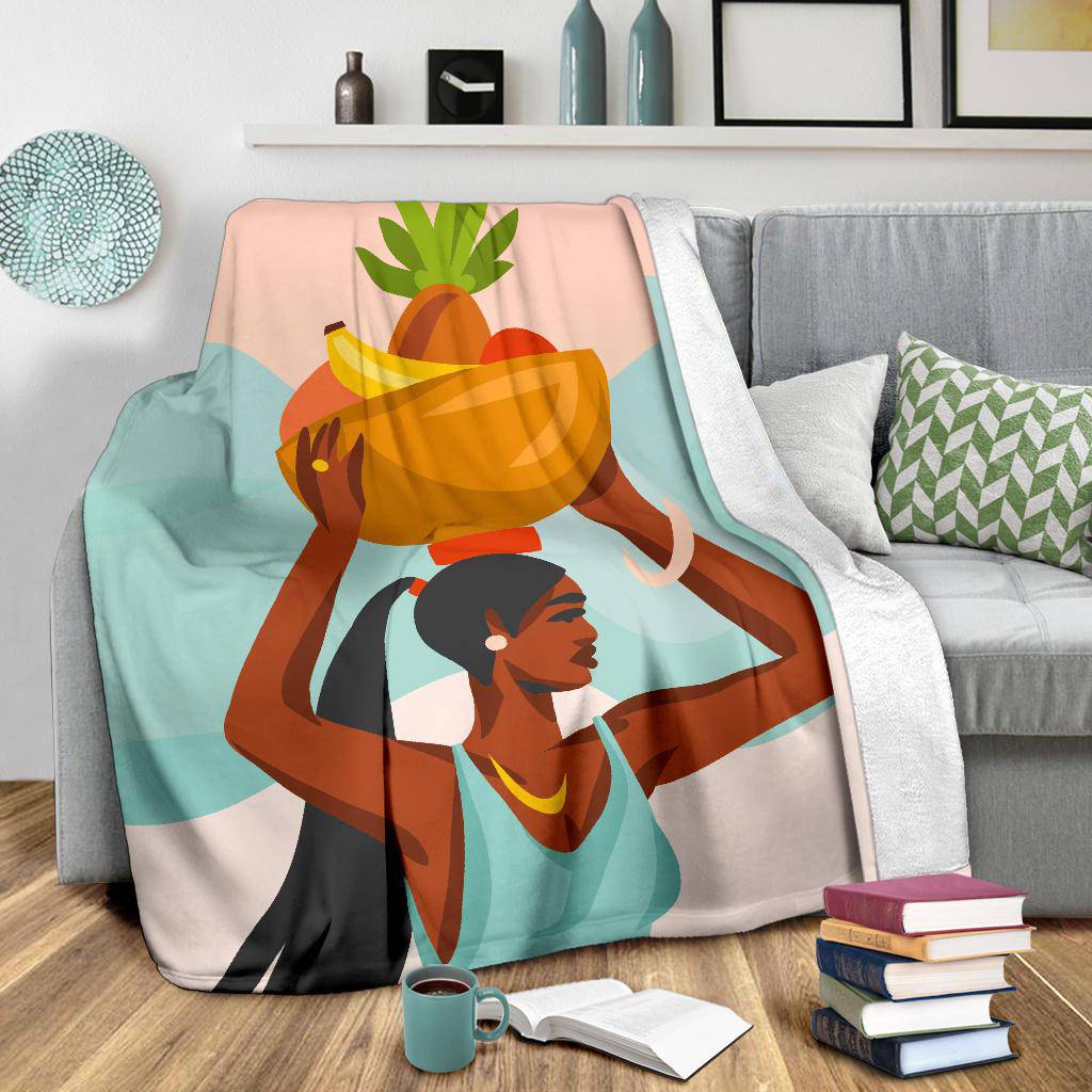 Young Female Carries Basket with Fruits on her Head, Hand Drawn Premium Blanket - Top Content | POD Collection | Free Shipping