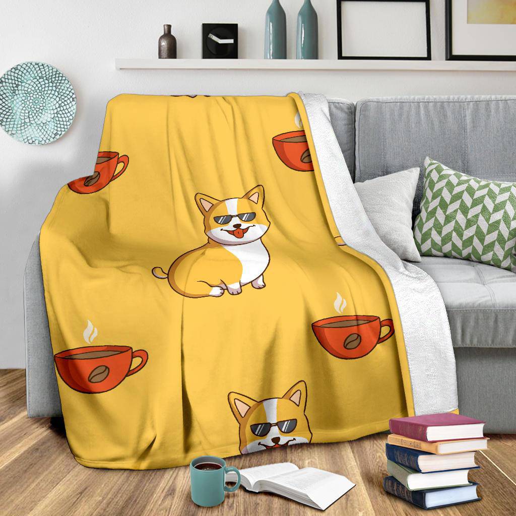 Cool Corgi Cartoon WIth Coffee Cup Premium Blanket - Top Content | POD Collection | Free Shipping