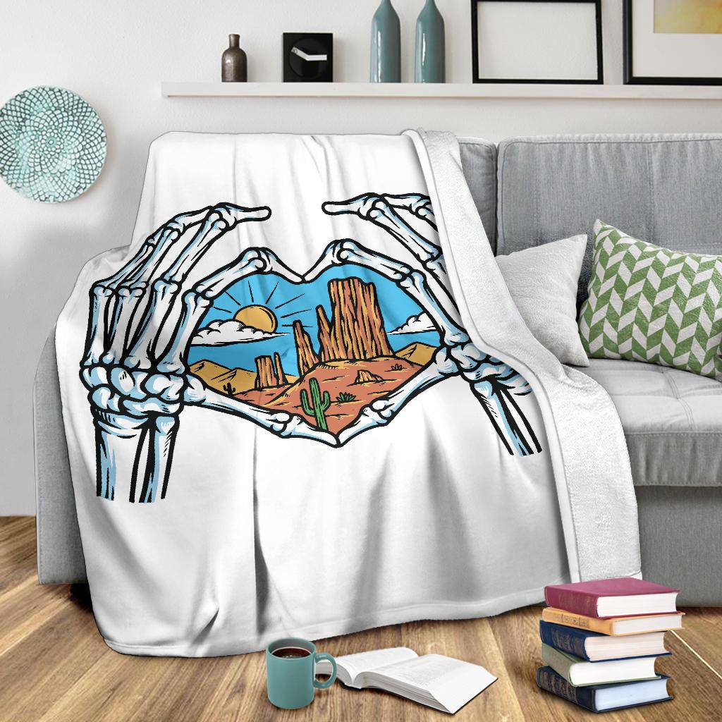 Skeleton Hands Shows Love For Desert View Cartoon Premium Blanket - Top Content | POD Collection | Free Shipping