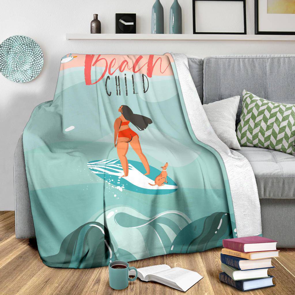 Hand Drawn Cartoon Happy Woman, Beach Child Premium Blanket - Top Content | POD Collection | Free Shipping