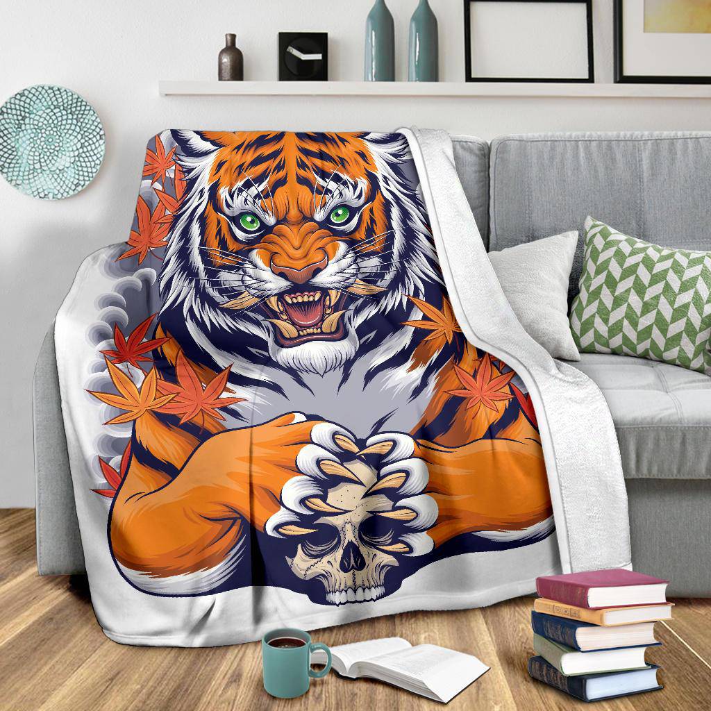 Tiger Skull Illustration Premium Blanket, Japanese Style Art - Top Content | POD Collection | Free Shipping