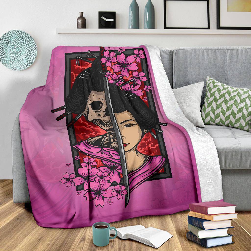 Geisha Skull With Sakura And Katana Premium Blanket, Japanese Style Art - Top Content | POD Collection | Free Shipping