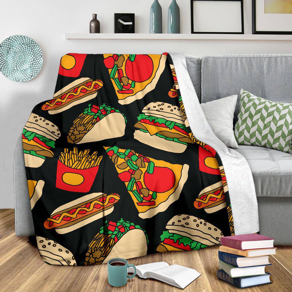 Fast Food Pizza Tacos Burger  Fries Hotdog Premium Blanket - Top Content | POD Collection | Free Shipping