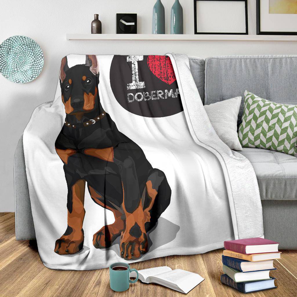 I Love Doberman, Cute Dog Cartoon Illustration Premium Blanket - Top Content | POD Collection | Free Shipping