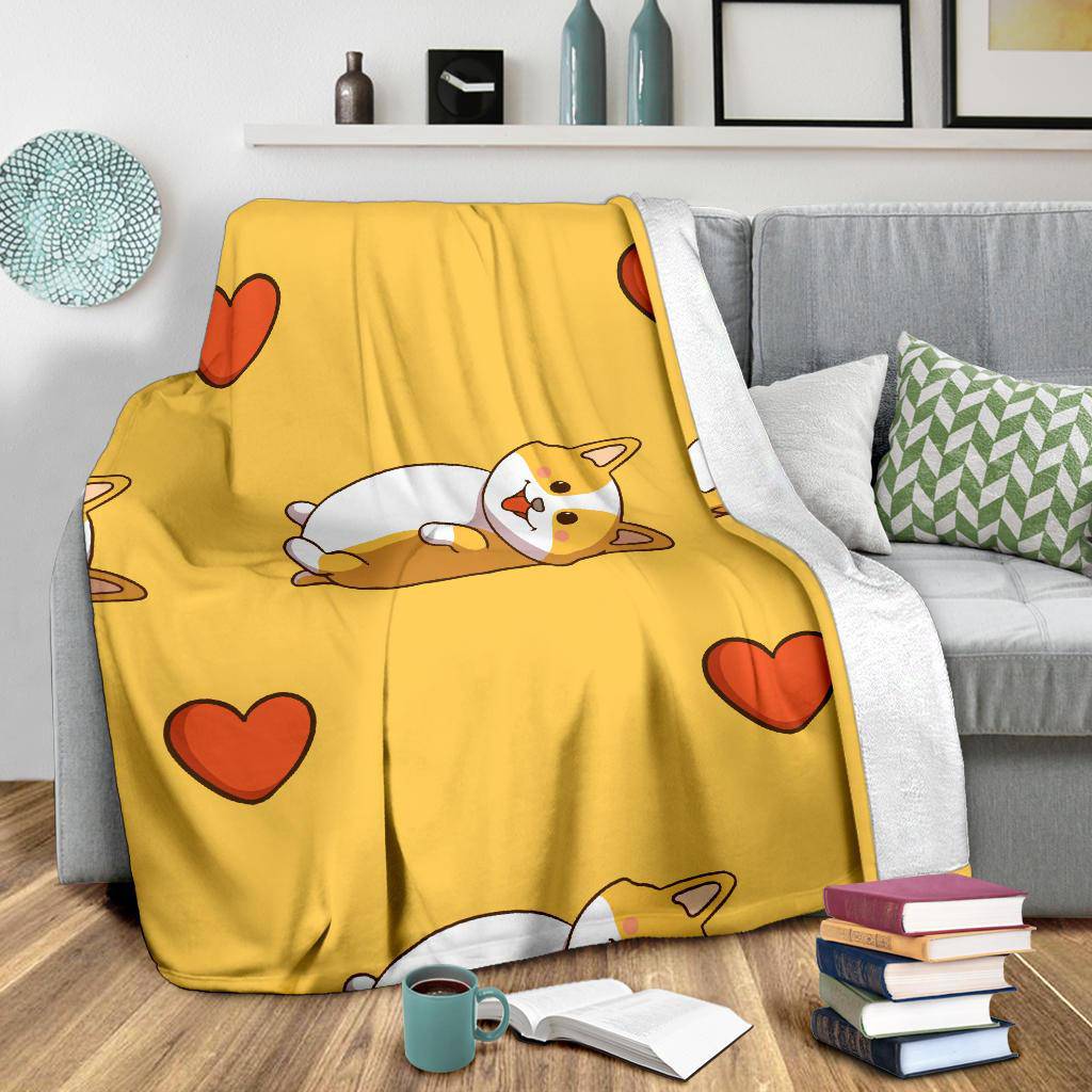 Cute Corgi WIth Love Icon, Doodle Yellow Style Cartoon Premium Blanket - Top Content | POD Collection | Free Shipping