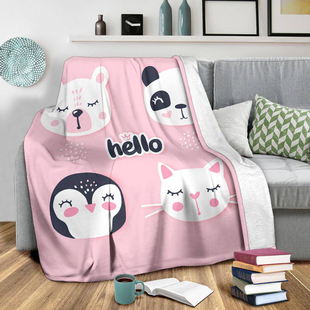 Hello Cute Bear Penguin Cat Bunny, Animal Cartoon Premium Blanket, - Top Content | POD Collection | Free Shipping