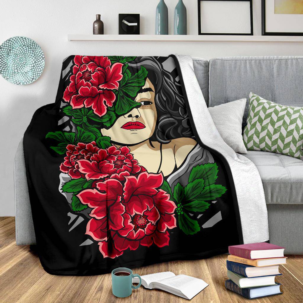 Beautiful Red Flower Women Cartoon Drawing Premium Blanket - Top Content | POD Collection | Free Shipping