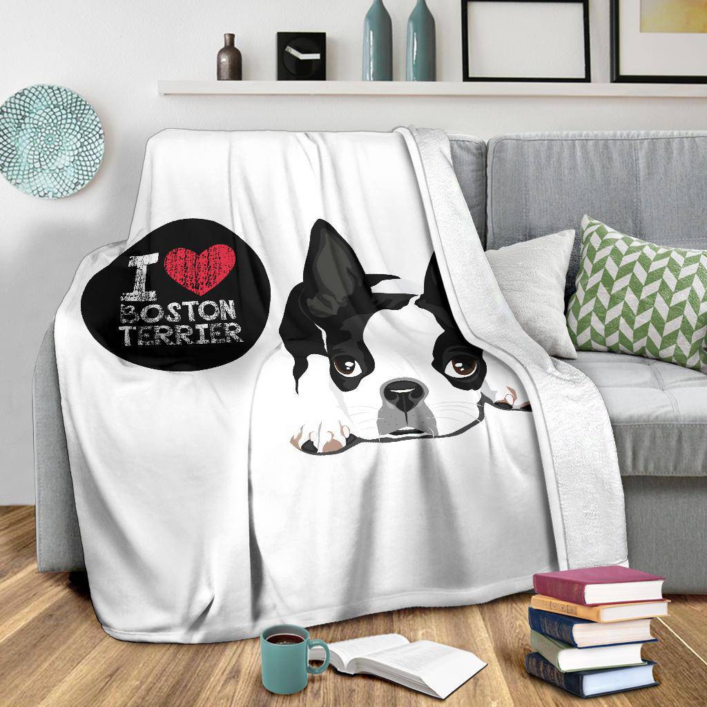 Cute Dog Cartoon Illustration, I Love Boston Terrier Premium Blanket - Top Content | POD Collection | Free Shipping