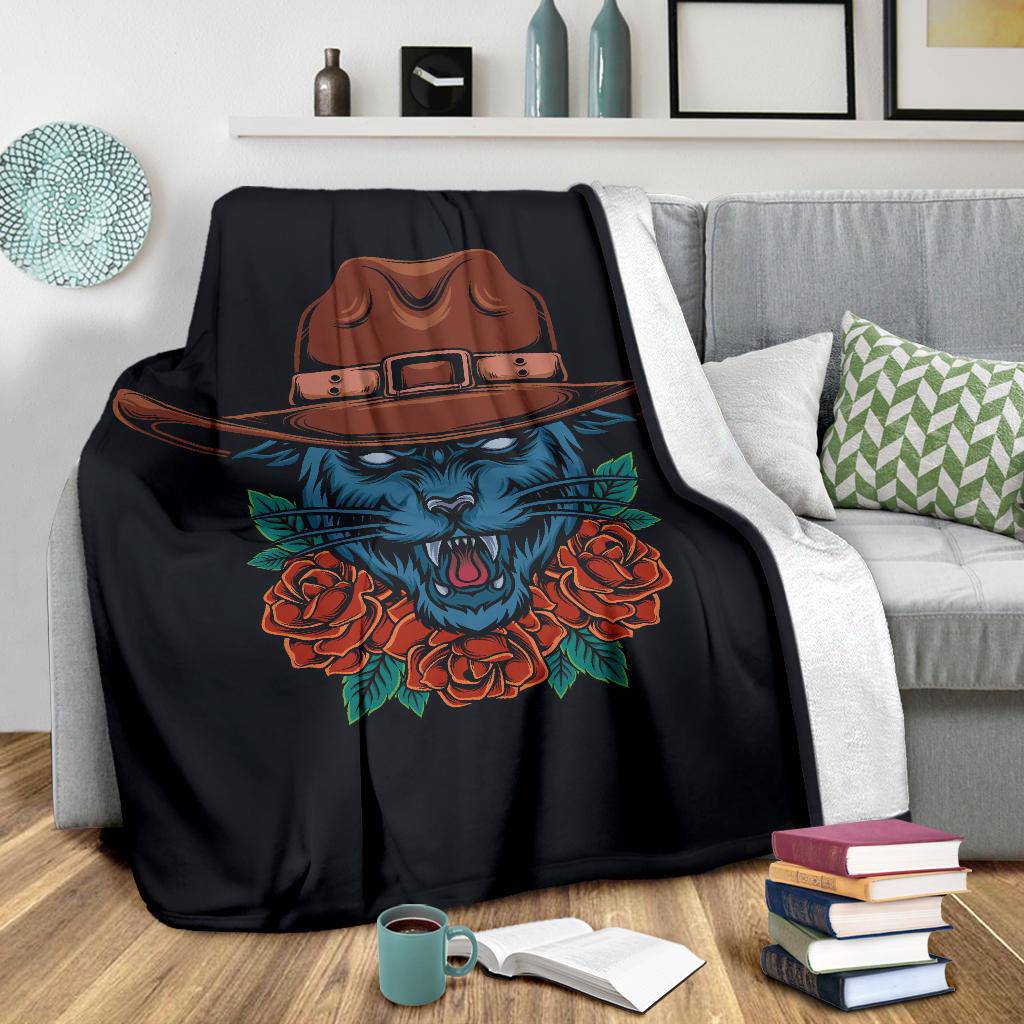 Cool Cowboy Style Panther Cartoon Drawing, Premium Blanket - Top Content | POD Collection | Free Shipping