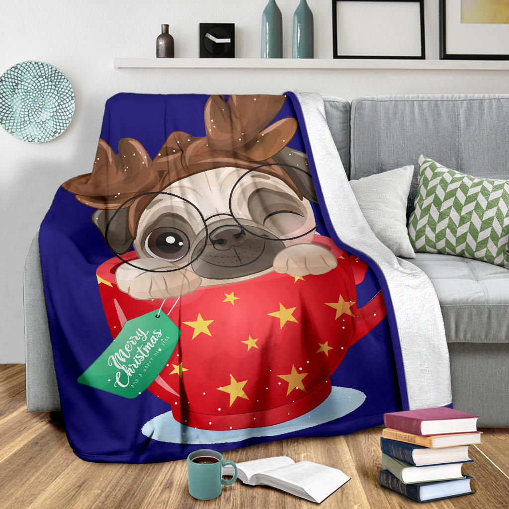 cute doodle pug christmas day blue blanket - Top Content | POD Collection | Free Shipping