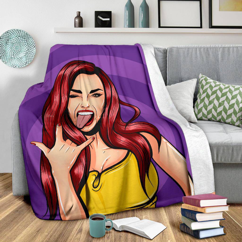 Crazy Girl Pop Art Rock Showing Tongue Premium Blanket - Top Content | POD Collection | Free Shipping