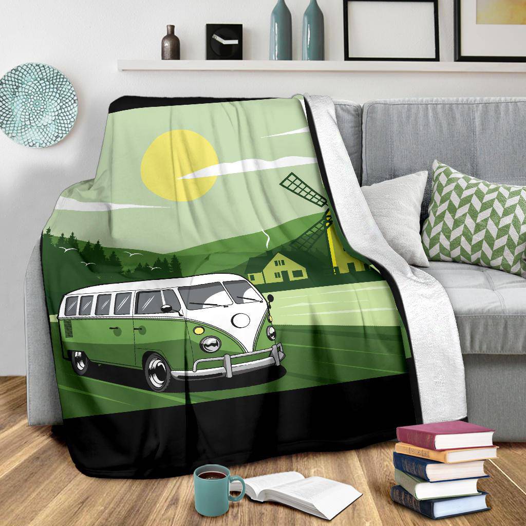 Green Van Windmill Cartoon Premium Blanket - Top Content | POD Collection | Free Shipping