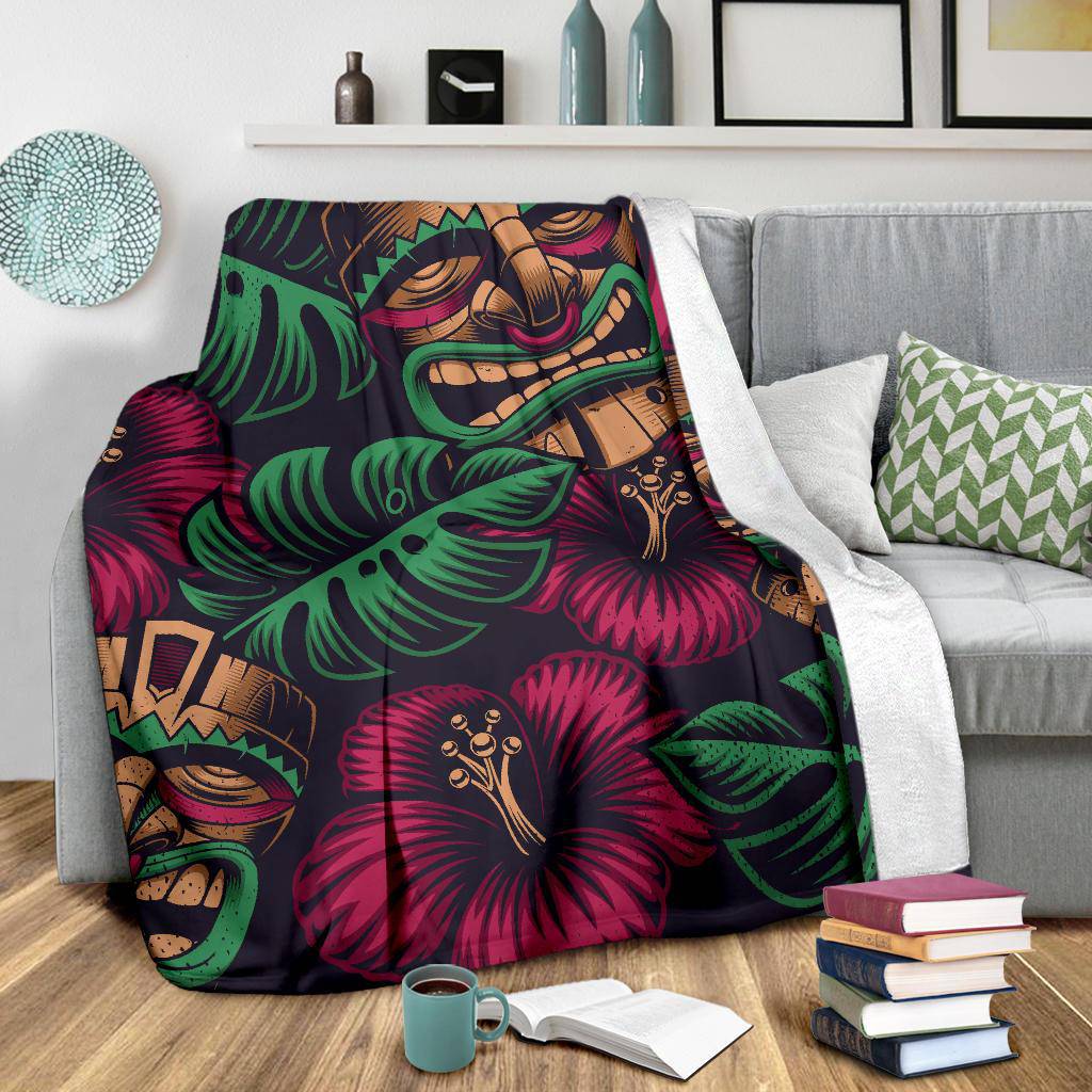 Tiki Mask Polynesia Style Tropical Flowers Premium Blanket - Top Content | POD Collection | Free Shipping